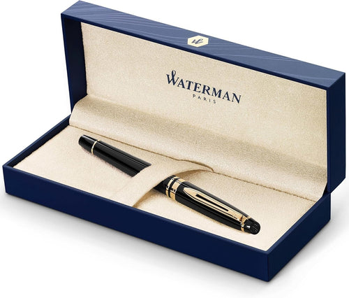 Luxury Rollerball Pen Gloss Black Gold Trim Fine Nib Gift