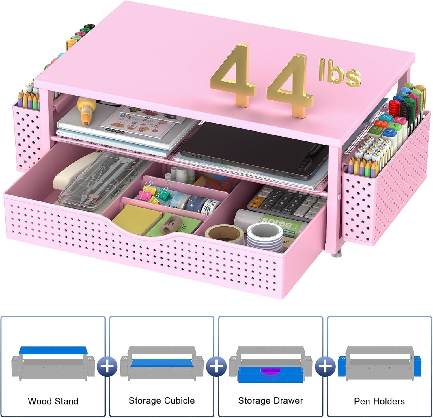 Wood & Steel Monitor Stand Riser with Drawer & Pen Holders – Desk Organizer Pink