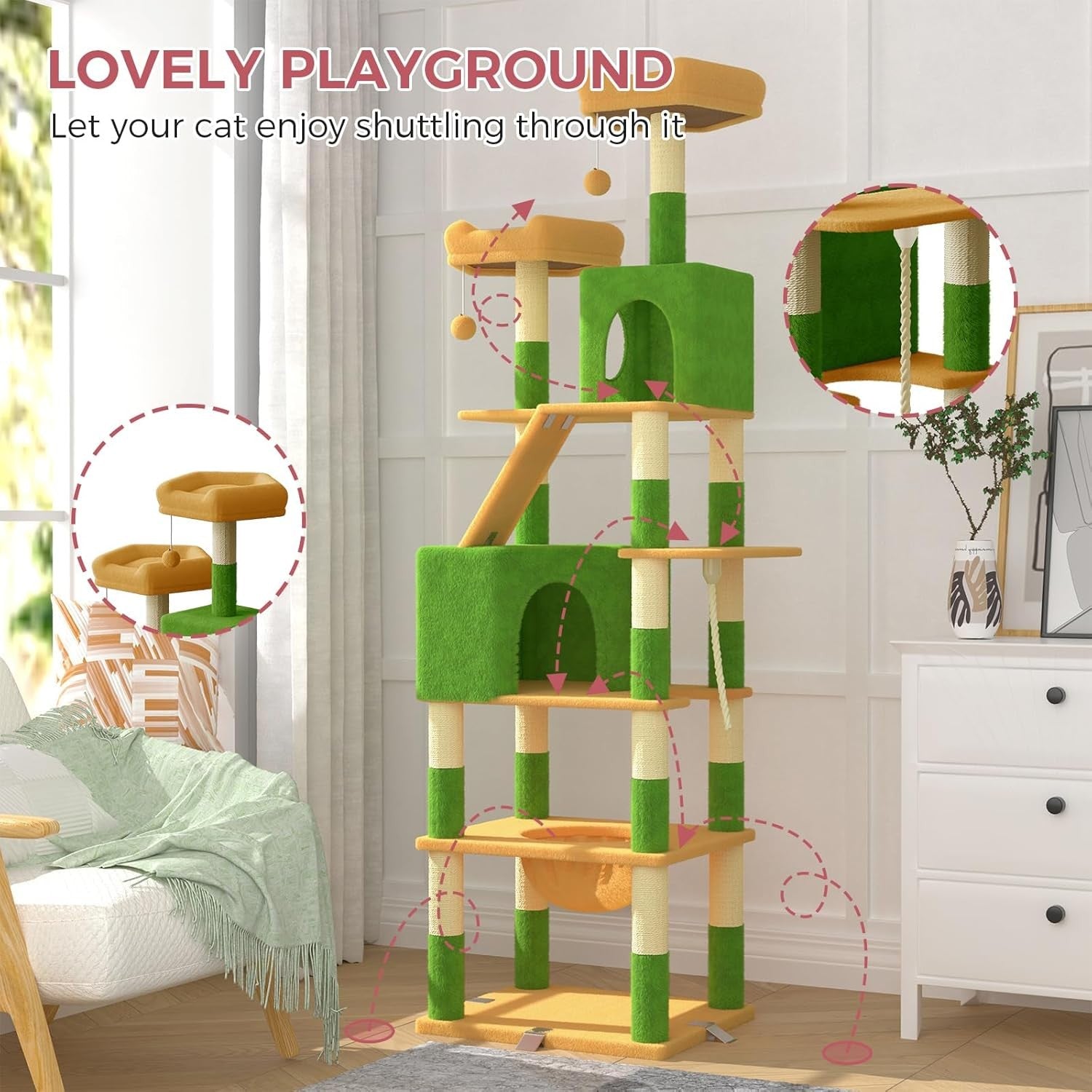 208cm Tall Cat Tree Tower Green Yellow Anti-Tip Multi-Level Condo Scratcher