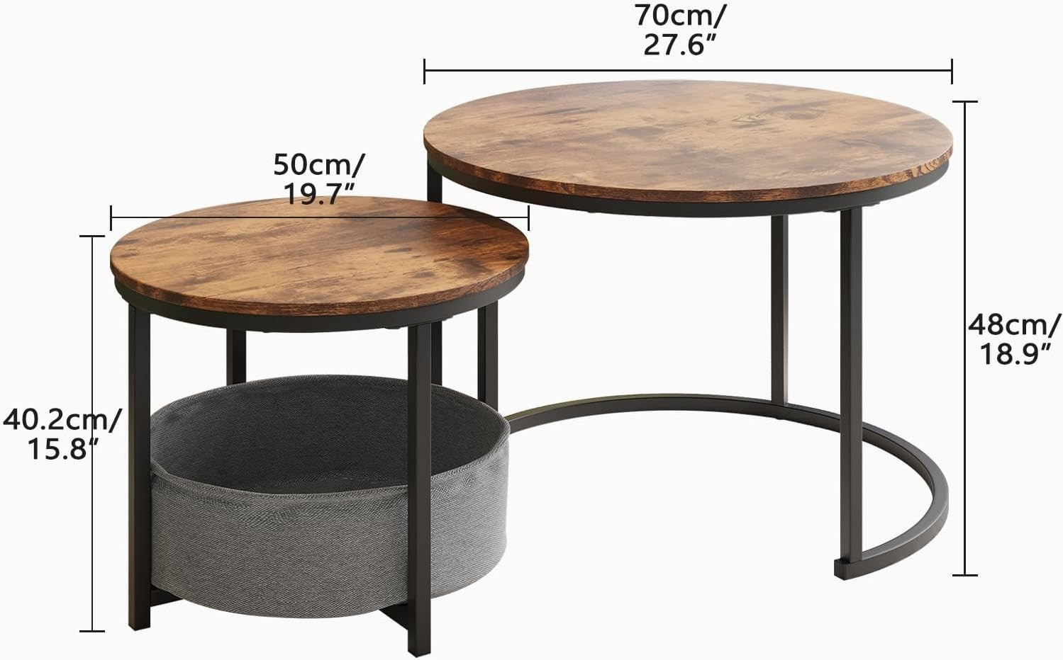 Round Coffee Table Nesting Set Brown Wood Top Iron Frame 120cm Modern