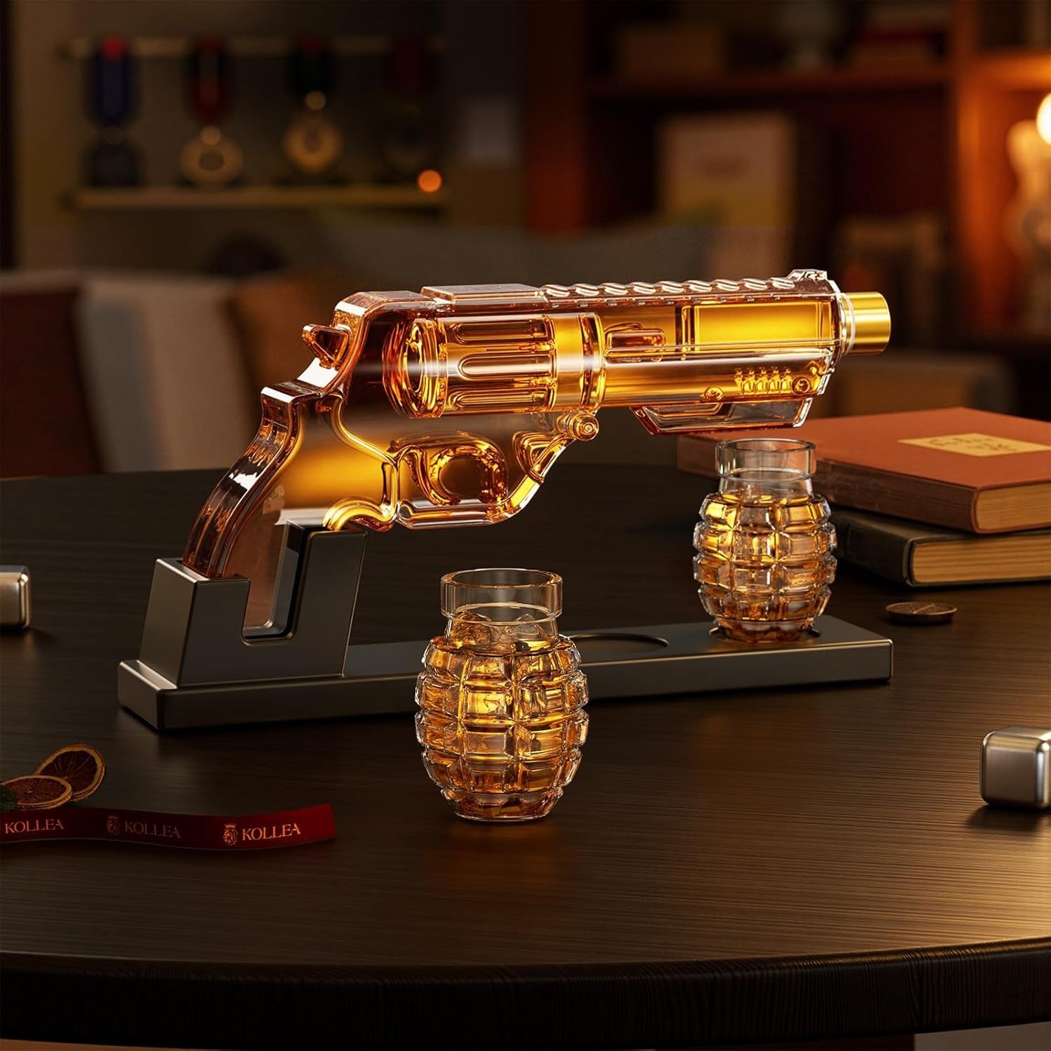 Gun Whiskey Decanter Set with Grenade Shot Glasses Gift Box Display Stand 380ml
