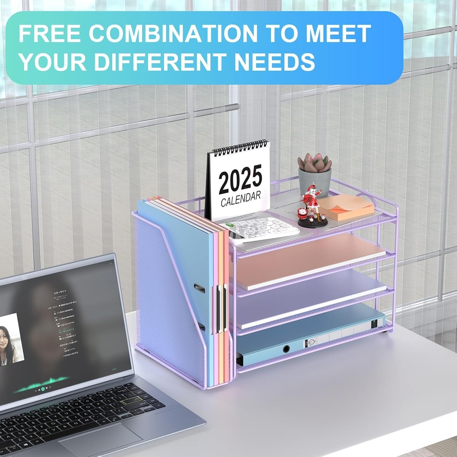 4-Tier Desktop Paper Organizer with Magazine Holder & File Storage, Purple