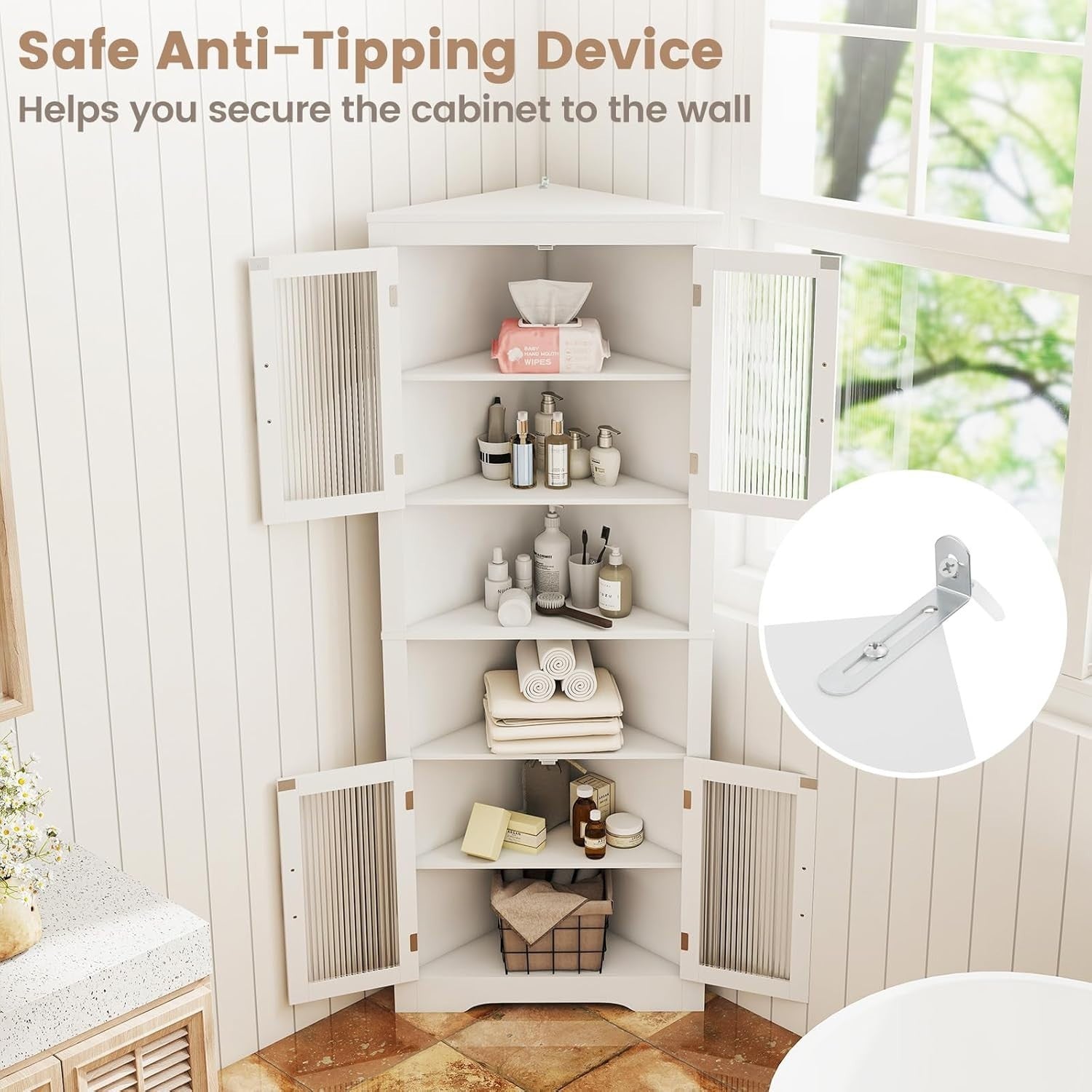 171cm White Corner Cabinet with 4 Glass Doors & Adjustable Shelves