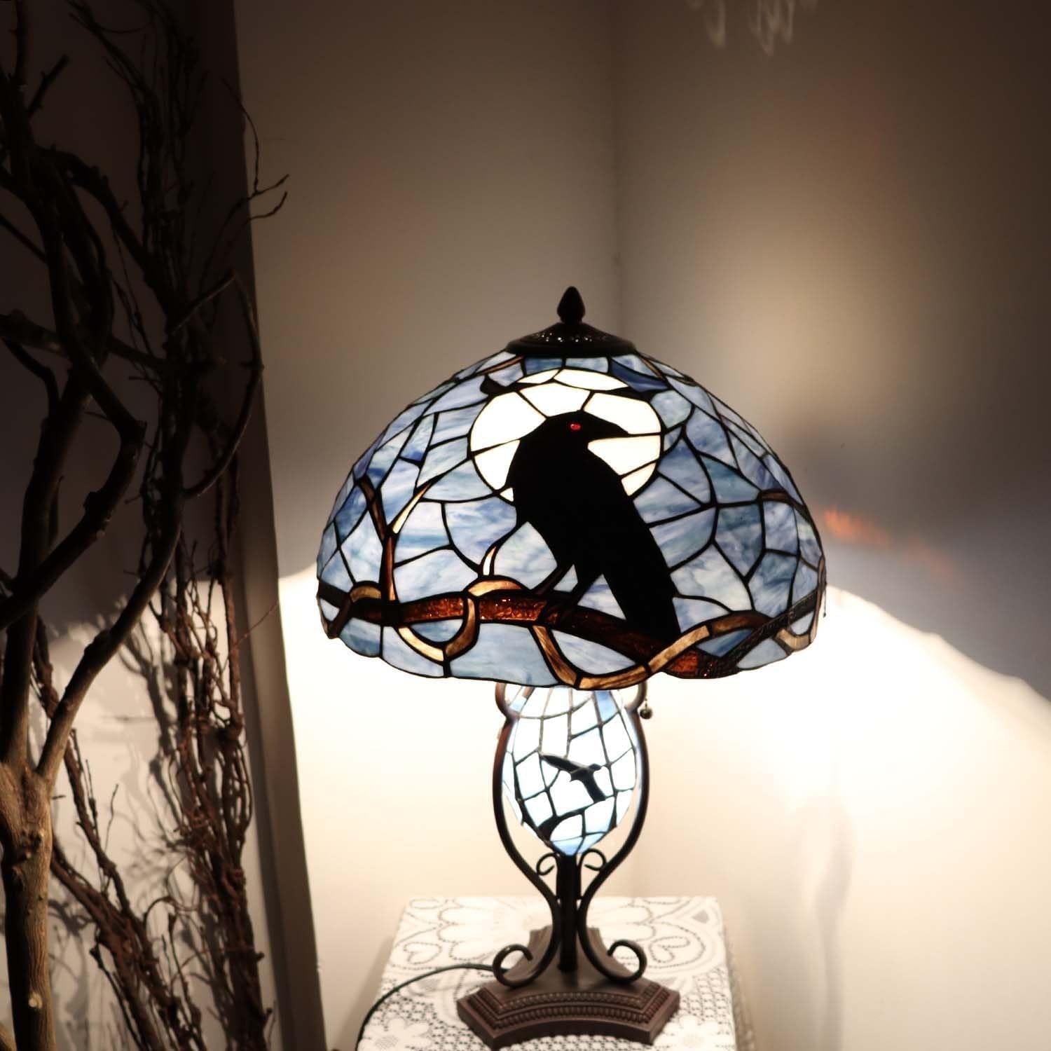 Full Moon Raven Tiffany Stained Glass Lamp 16"x24" Night Light Decor