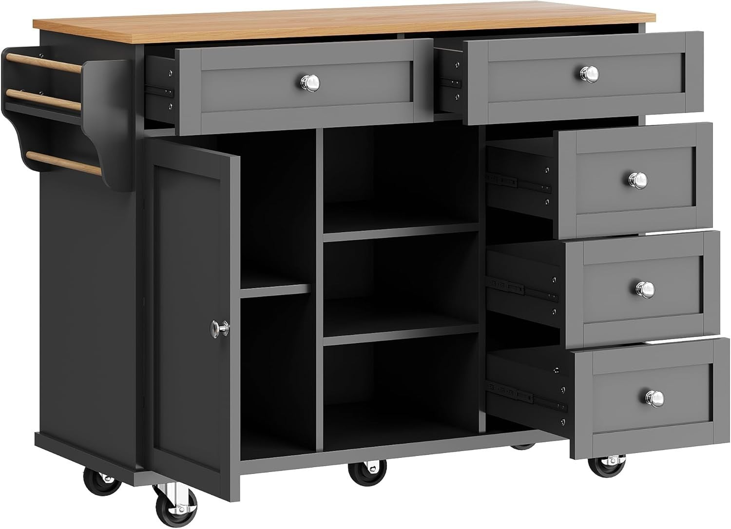 Black Kitchen Island Trolley on Wheels with 5 Drawers & Shelves | 134cm