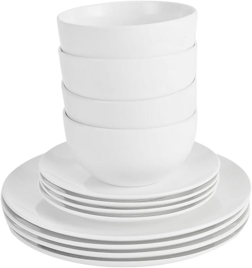 12pc Porcelain Dinnerware Set White Plates Bowls Microwave Dishwasher Safe