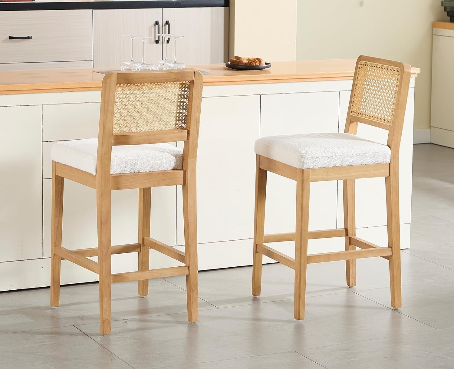 White Rattan Bar Stools Set of 2 Chenille Cushioned Counter Chairs Wood