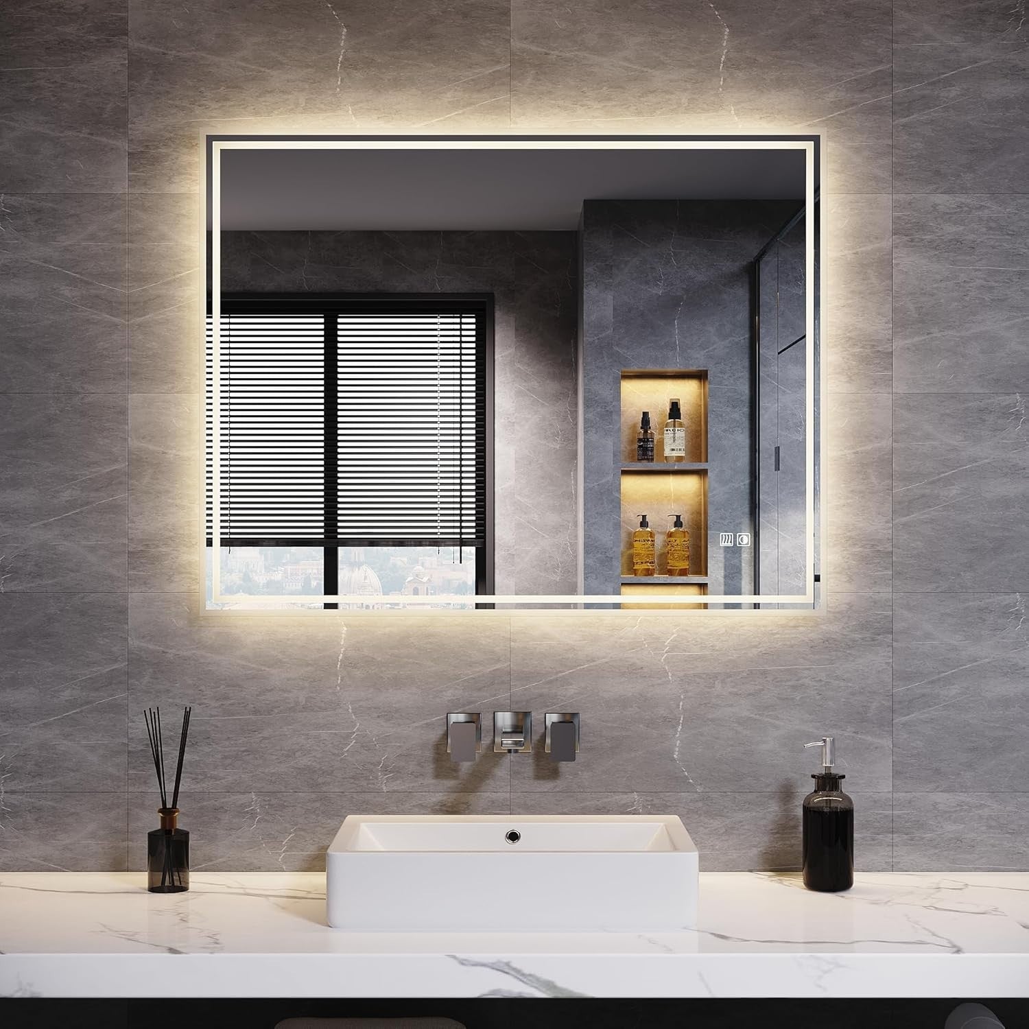 LED Bathroom Mirror 90x70cm Wall Mounted Anti-Fog Sensor Light Heated Pad