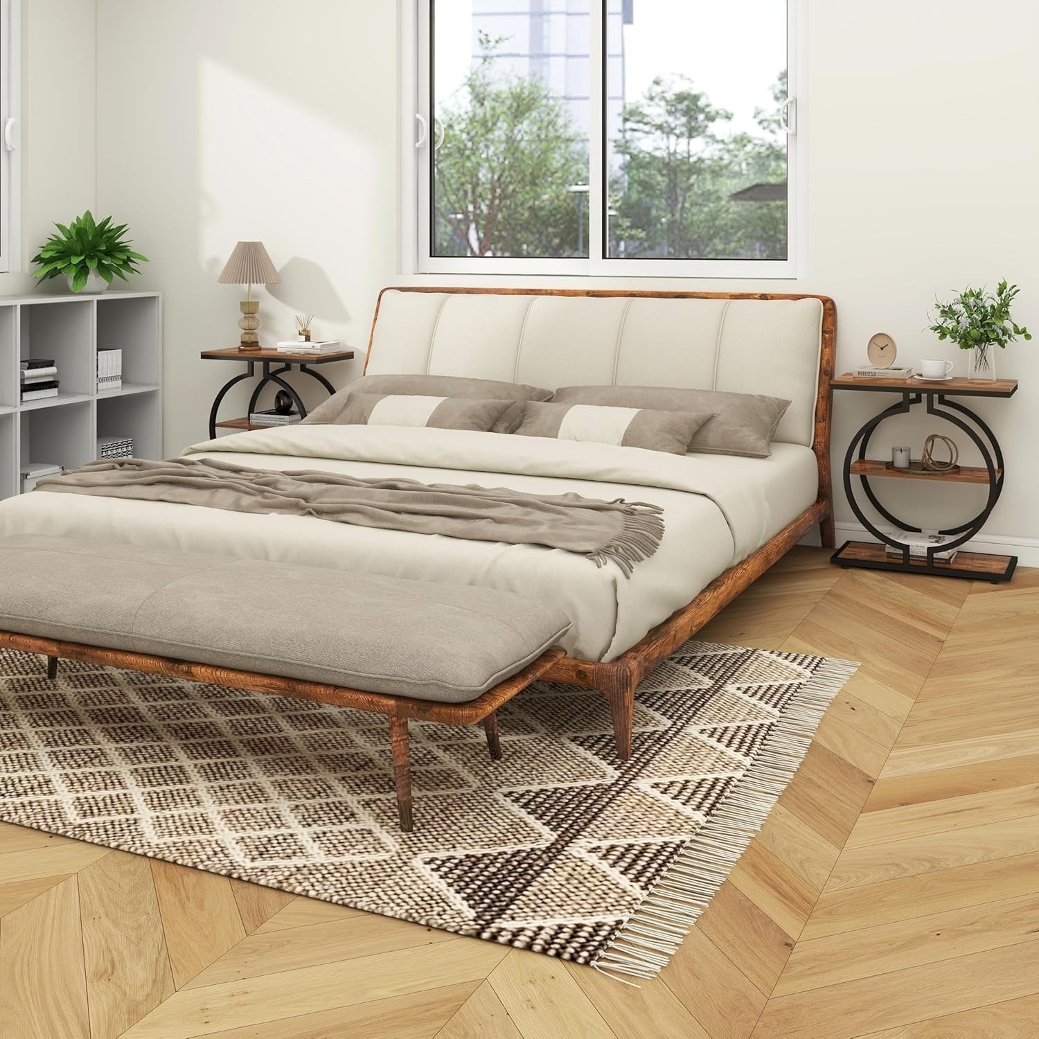3-Tier Round End Table with Geometric Metal Base, Rustic Brown 30x60x65cm