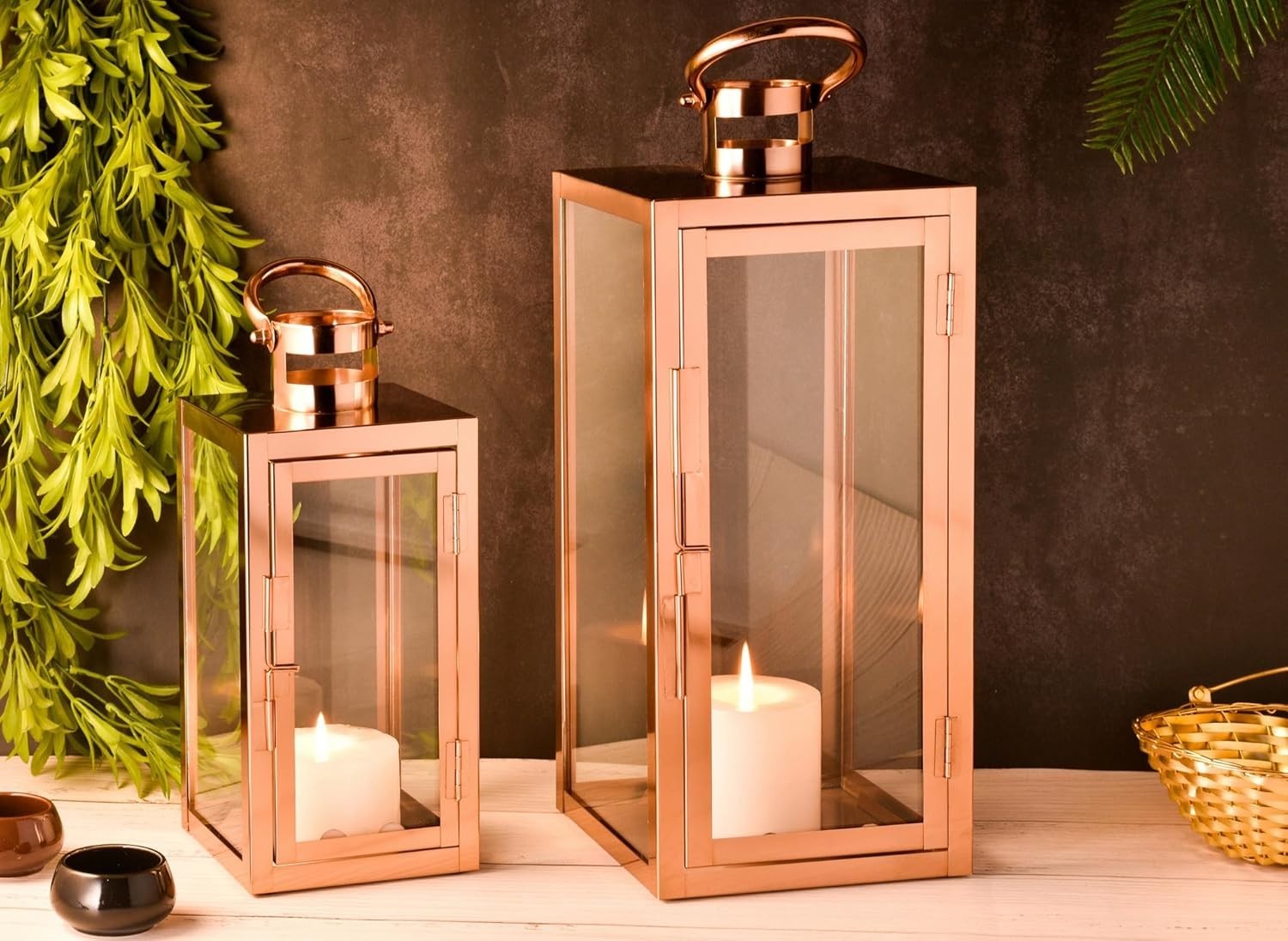 2 Pack Marra Copper Metal Garden Lanterns Indoor Outdoor Decor