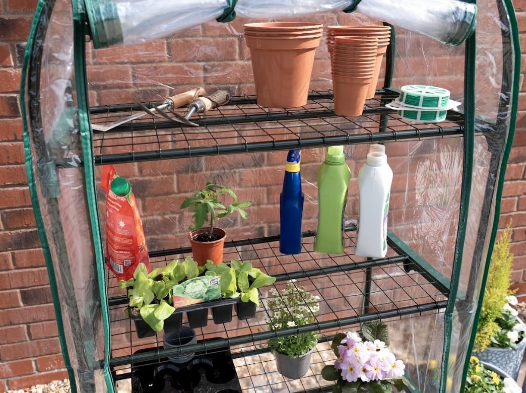 4 Tier Mini Greenhouse with Clear PVC Cover | Compact Outdoor Plant Shelving
