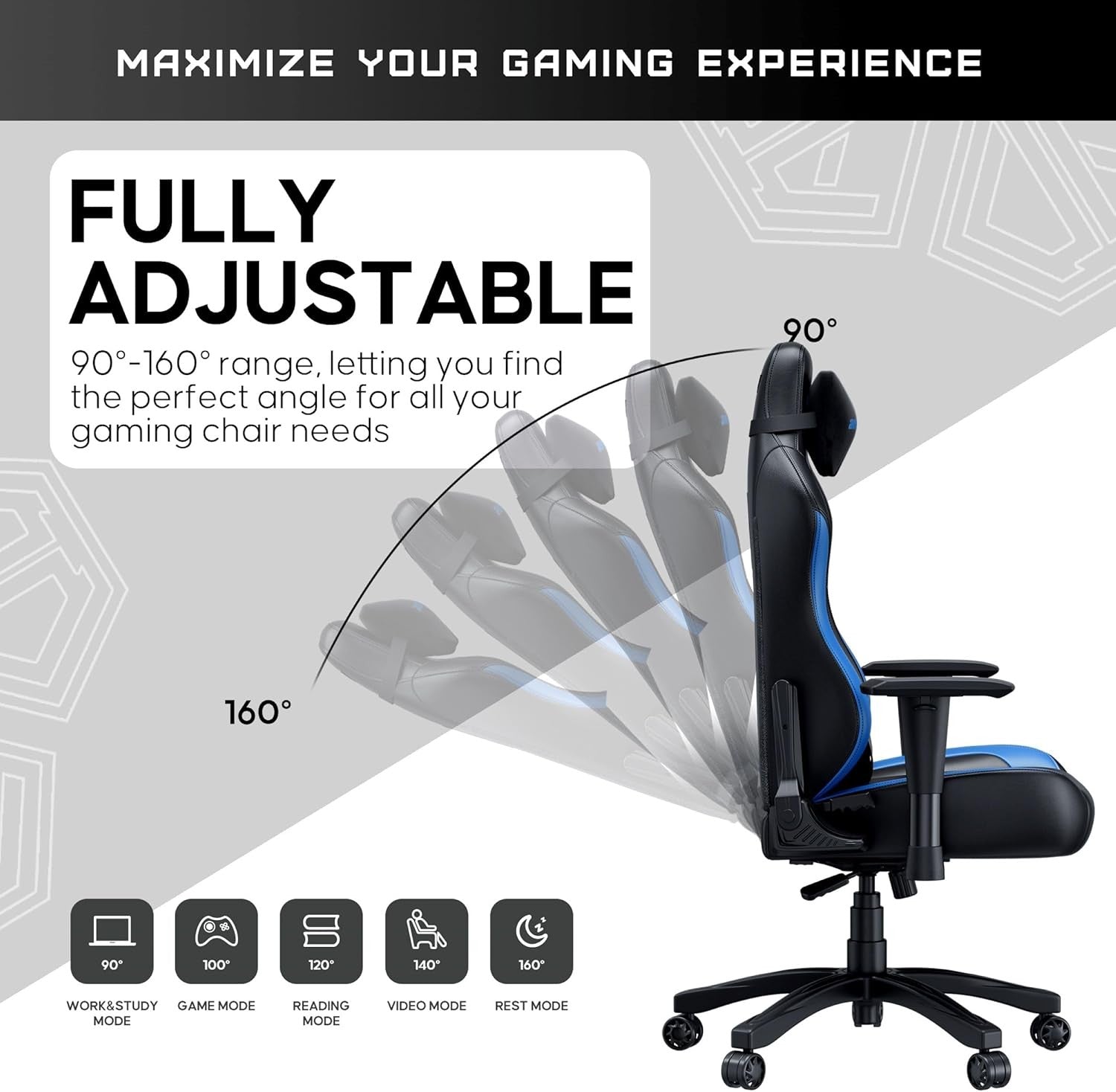 Large Ergonomic Gaming Chair Reclining PVC Leather Black Blue