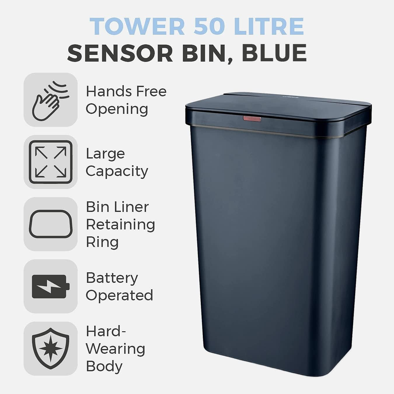 50L Automatic Sensor Kitchen Bin Rectangular Navy Fingerprint Proof