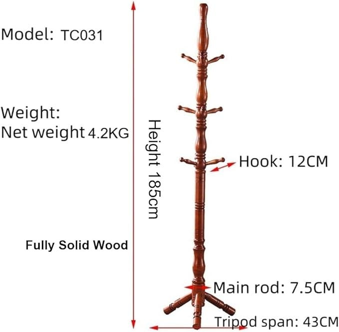 Dark Mahogany Wooden Coat Stand 9 Hooks 185cm Solid Wood Hall Tree Rack