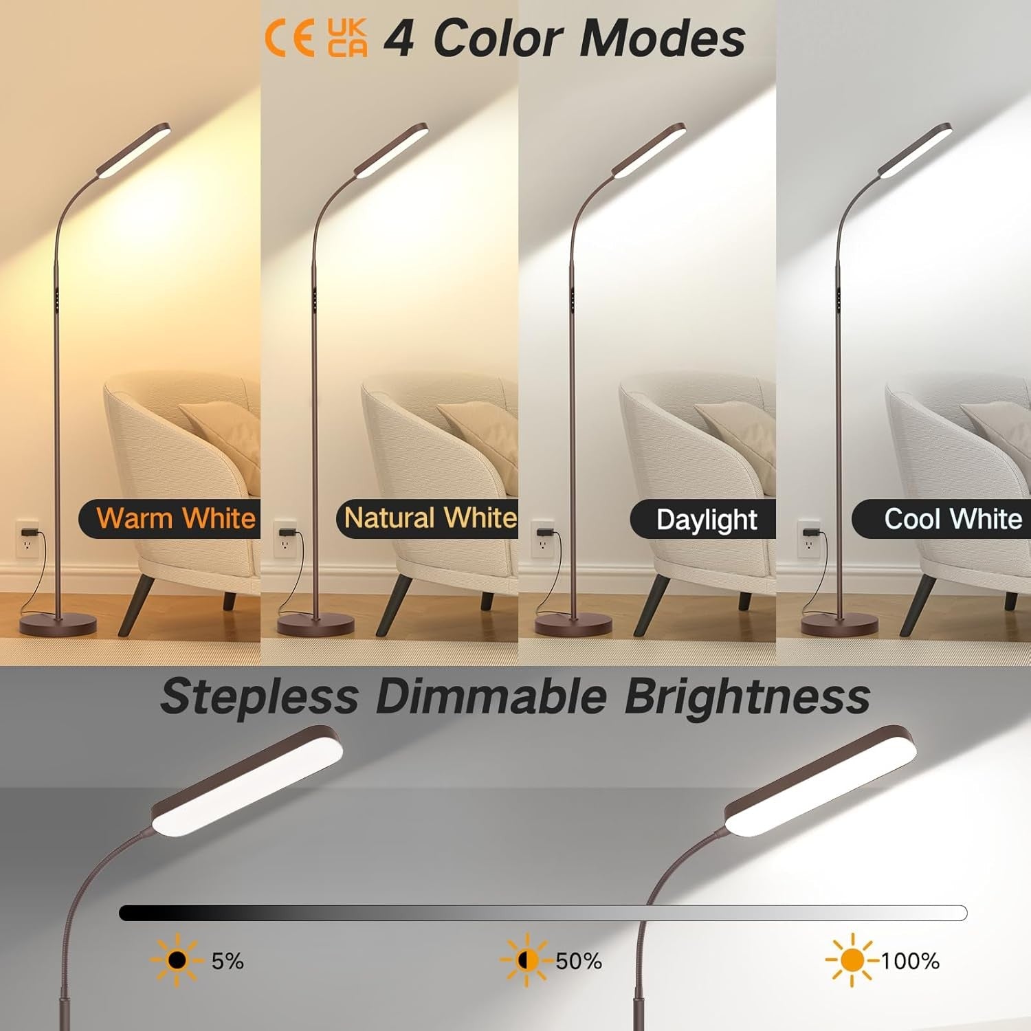 LED Floor Lamp Dimmable Gooseneck Reading Light Remote Touch Control