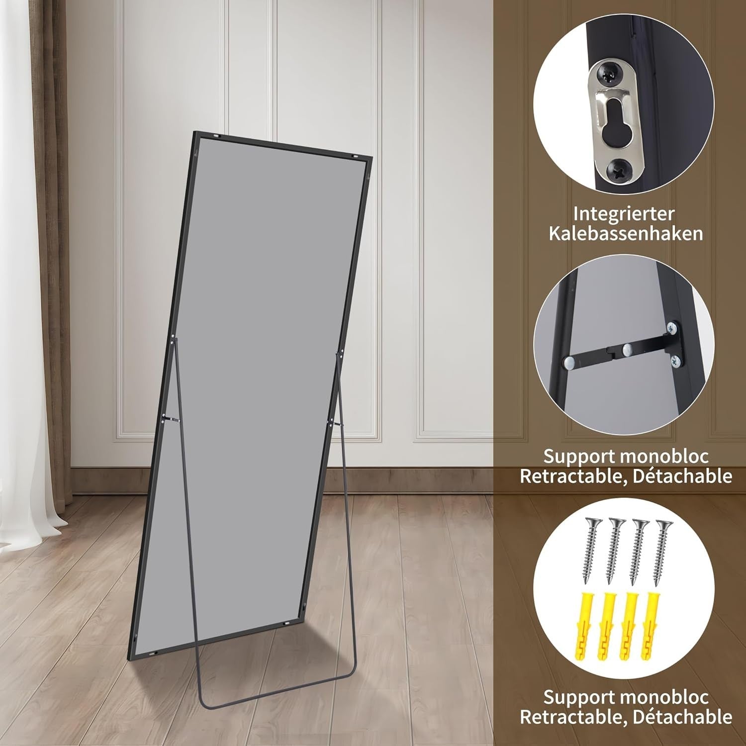 Full Length Black Mirror 150x40cm Freestanding & Wall Mount Bedroom Use