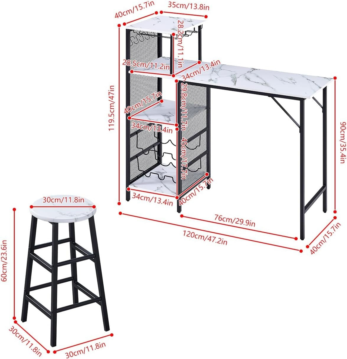 3Pcs Bar Table Set with Stools Wine Rack Cup Holder White Marble Dining Unit
