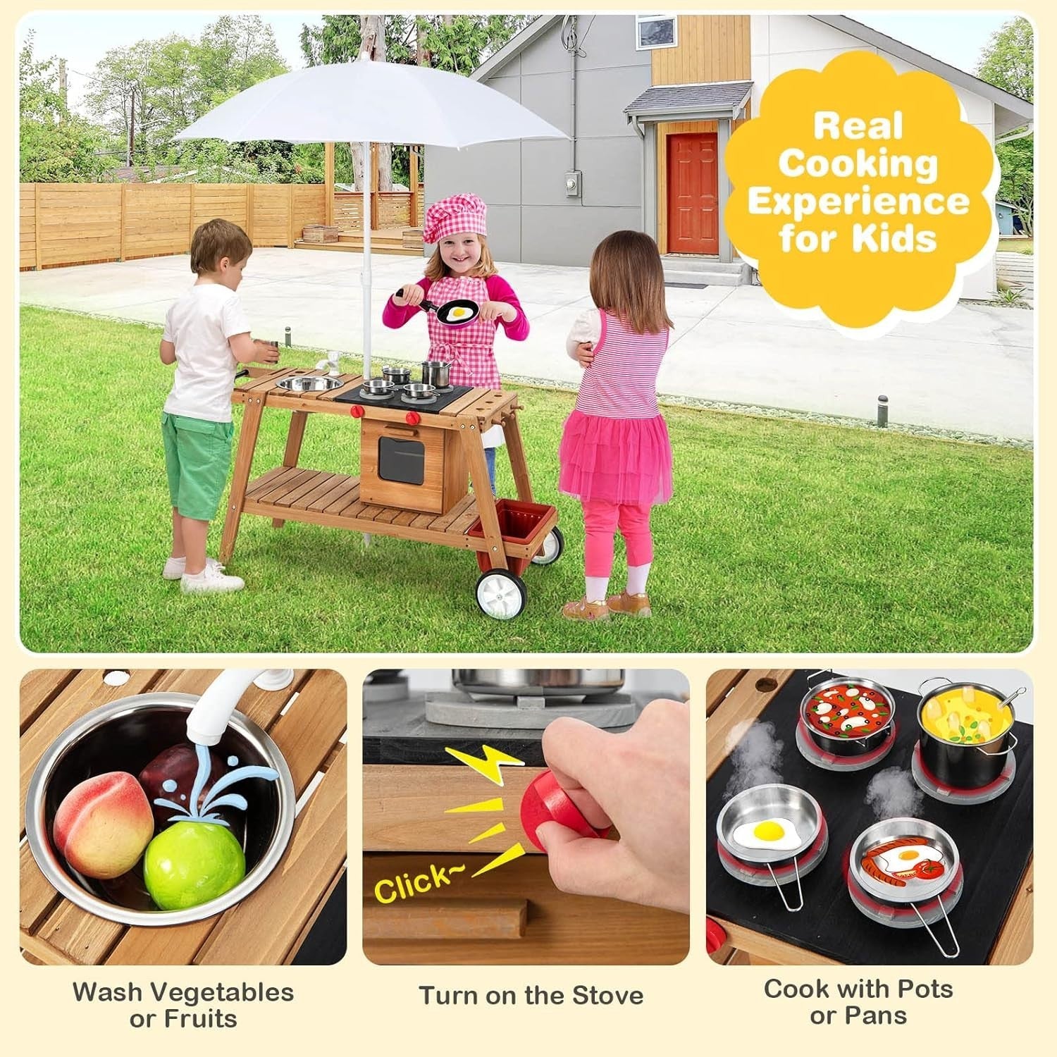 Wooden Mud Kitchen Outdoor Kids Cooking Cart w Umbrella Sink Wheels