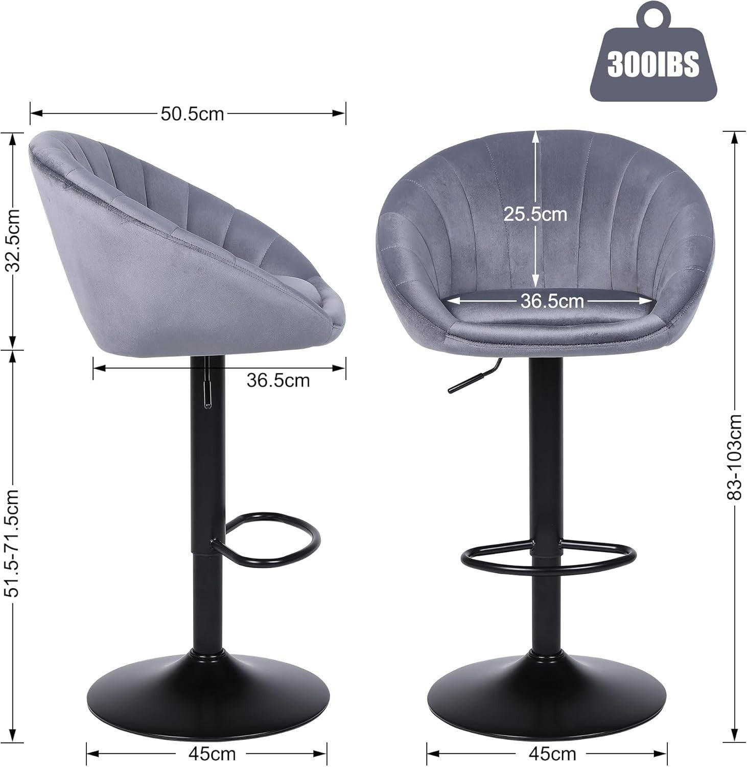 2PC Grey Velvet Bar Stools – Adjustable Swivel Kitchen Chairs