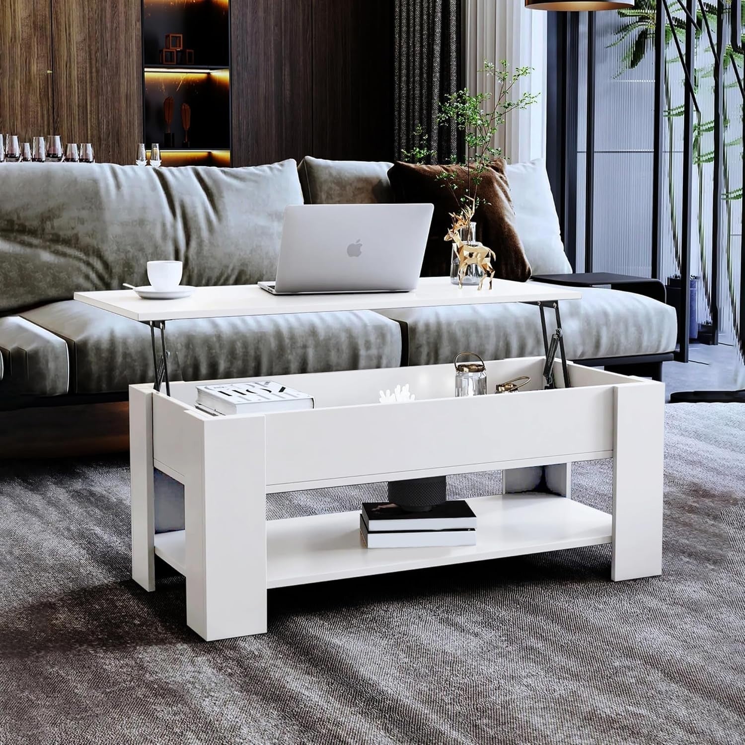 Lift Top Coffee Table White with Storage, Large Hidden Compartment 120x60cm