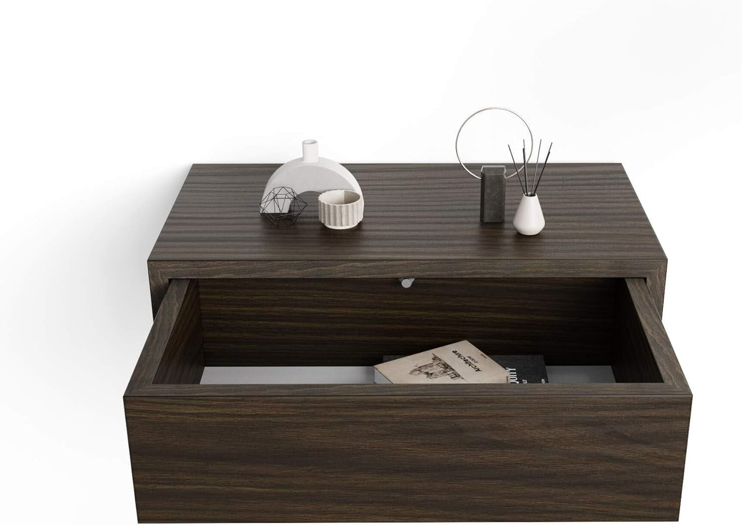 Floating Dark Walnut Wall Bedside Table with Drawer – Modern Space Saving