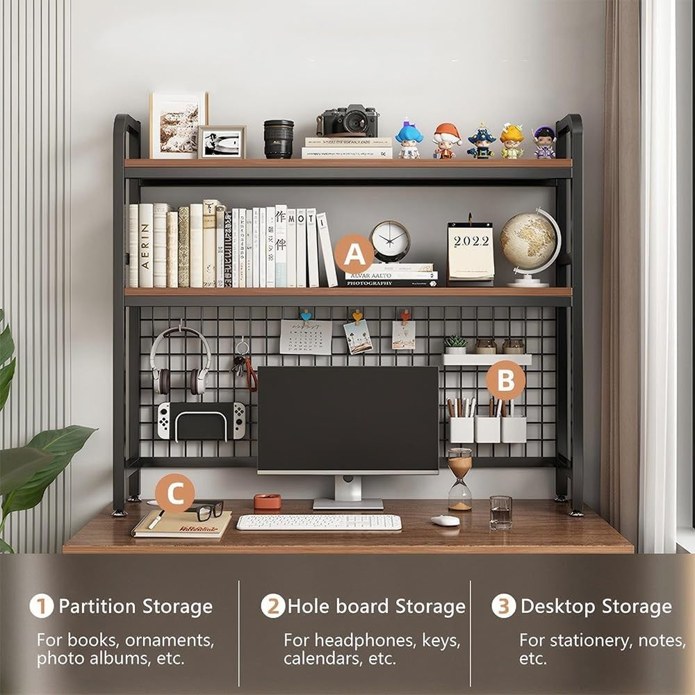 Black 2-Tier Desktop Bookcase with Grid Panel Metal/MDF Desk Hutch 95cm