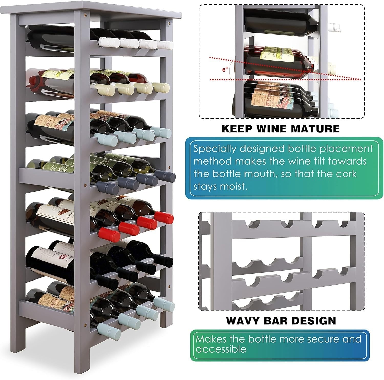 28 Bottle Wine Rack Freestanding Bamboo Storage Shelf 7-Tier with Table Top Grey