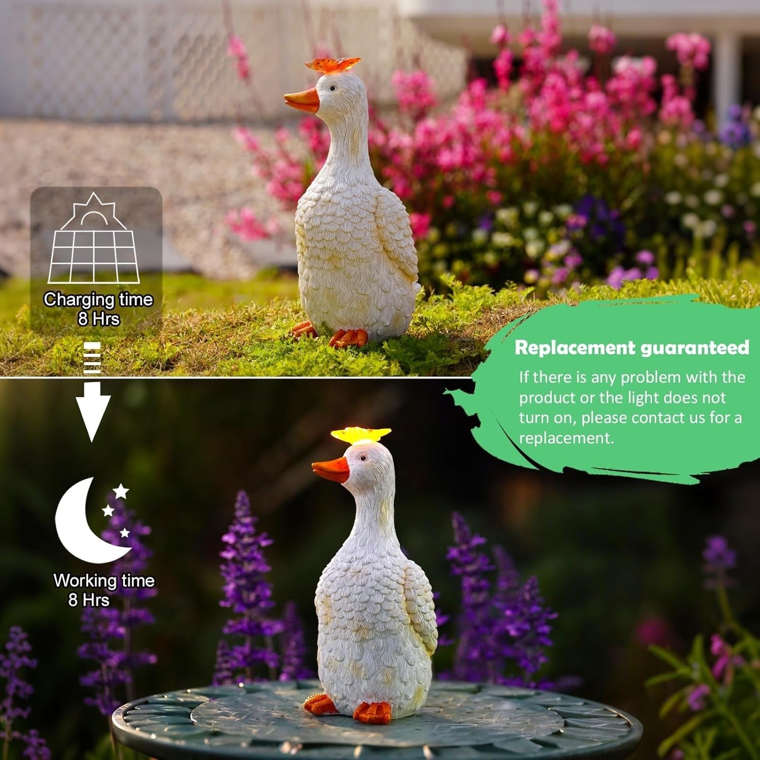 Solar Goose Garden Ornament White Resin Statue with Butterfly Light Outdoor