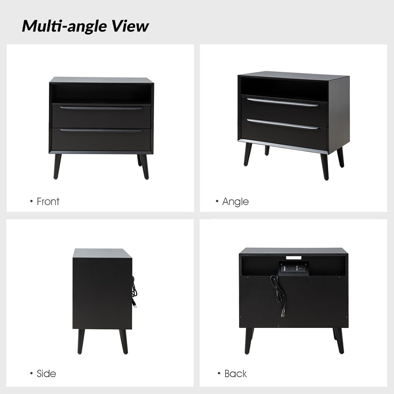 Modern Black Wooden Bedside Table with 2 Drawers & Open Shelf