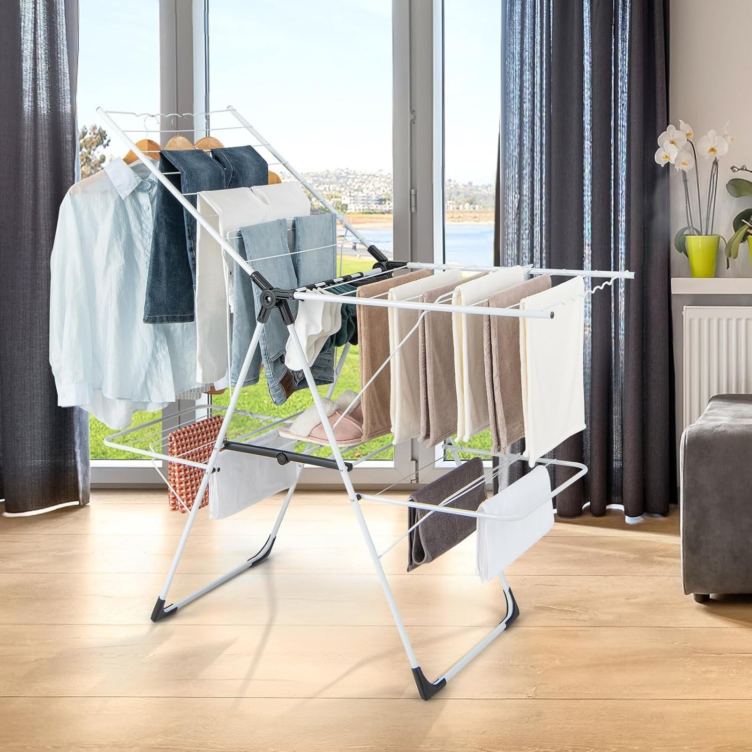 Foldable Clothes Drying Rack 2 Tier Airer Adjustable Wings Indoor Outdoor