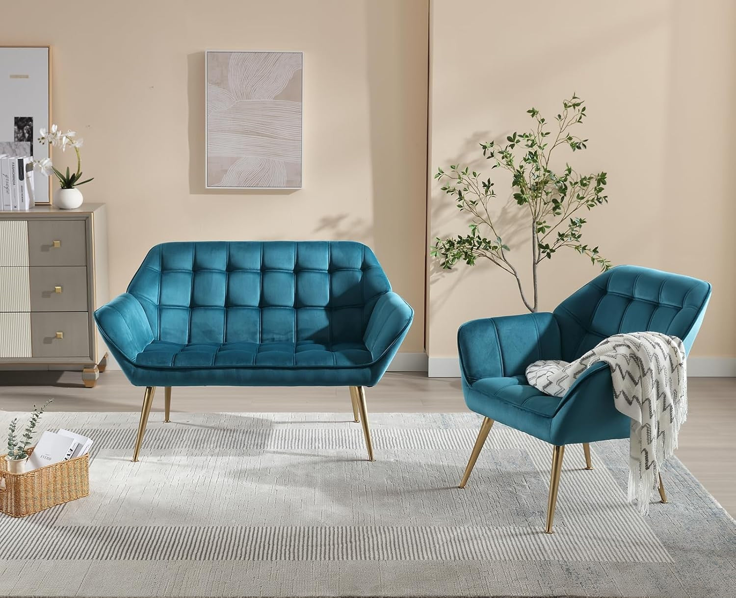 Velvet Accent Armchair Blue Upholstered Tub Chair Gold Legs