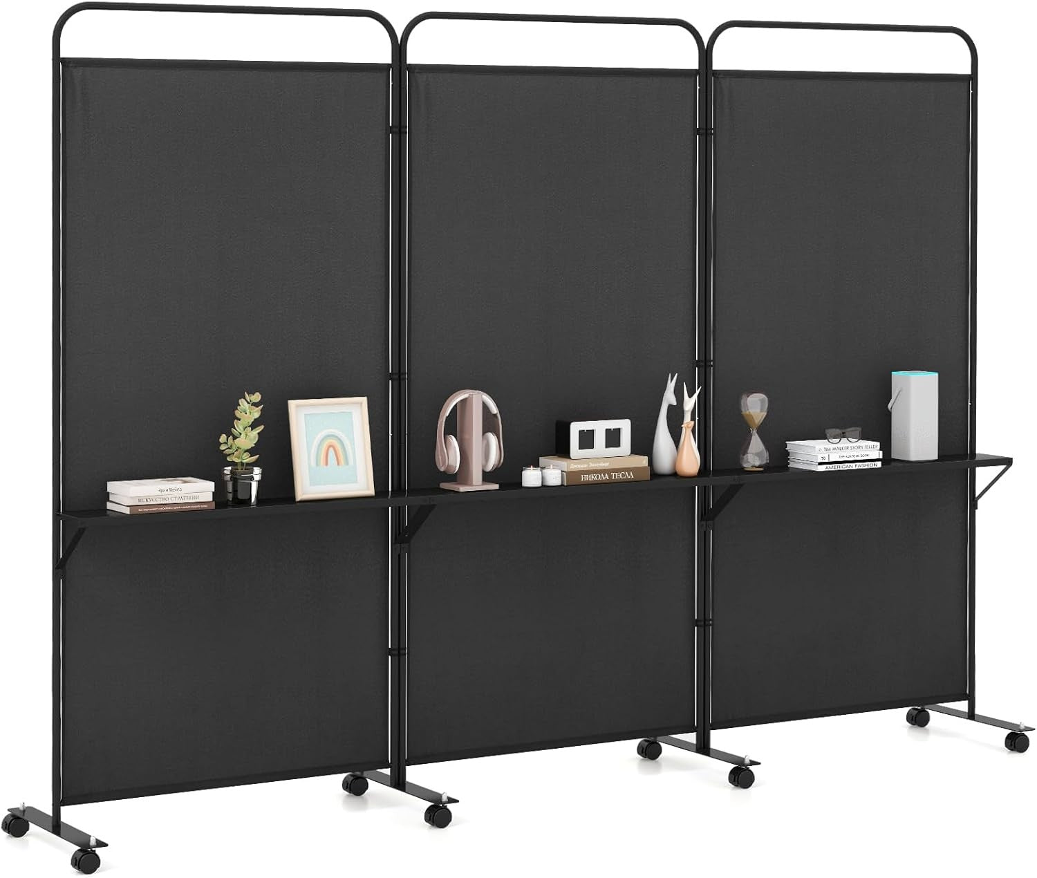 3 Panel Black Folding Room Divider with Shelves & Wheels Privacy Screen 188cm