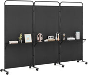 3 Panel Black Folding Room Divider with Shelves & Wheels Privacy Screen 188cm