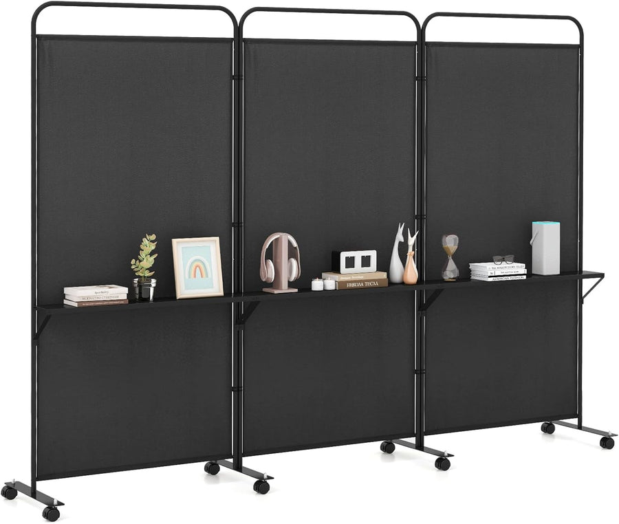3 Panel Black Folding Room Divider with Shelves & Wheels Privacy Screen 188cm