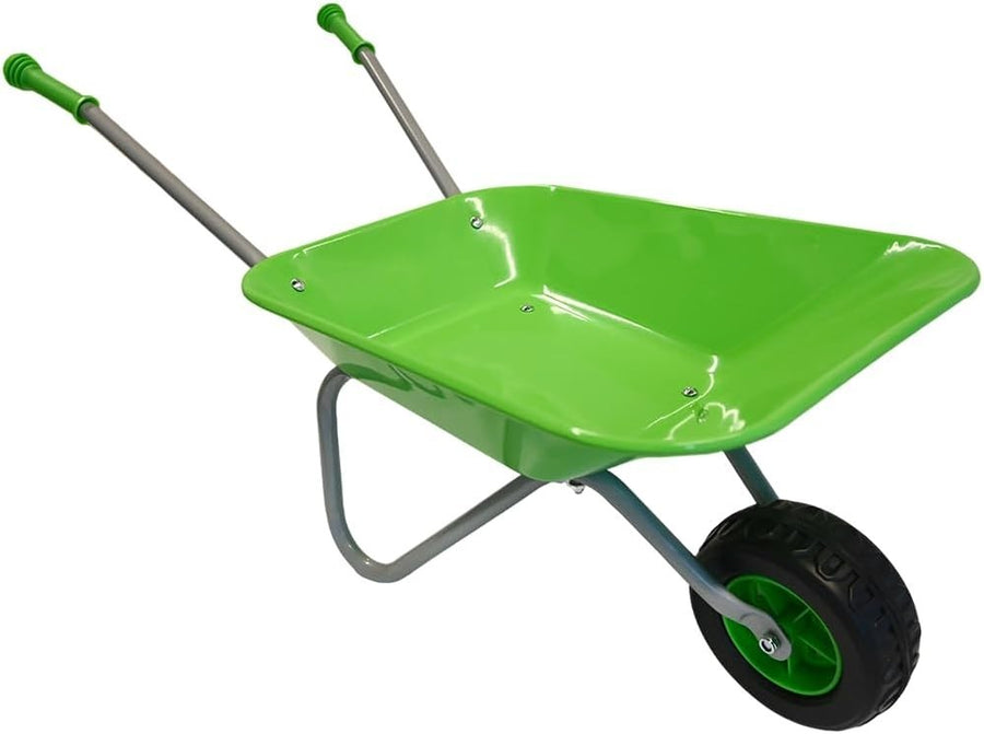 Kids Green Wheelbarrow Set 5pcs – Metal Toy Garden Tools w/ Gloves & Rake