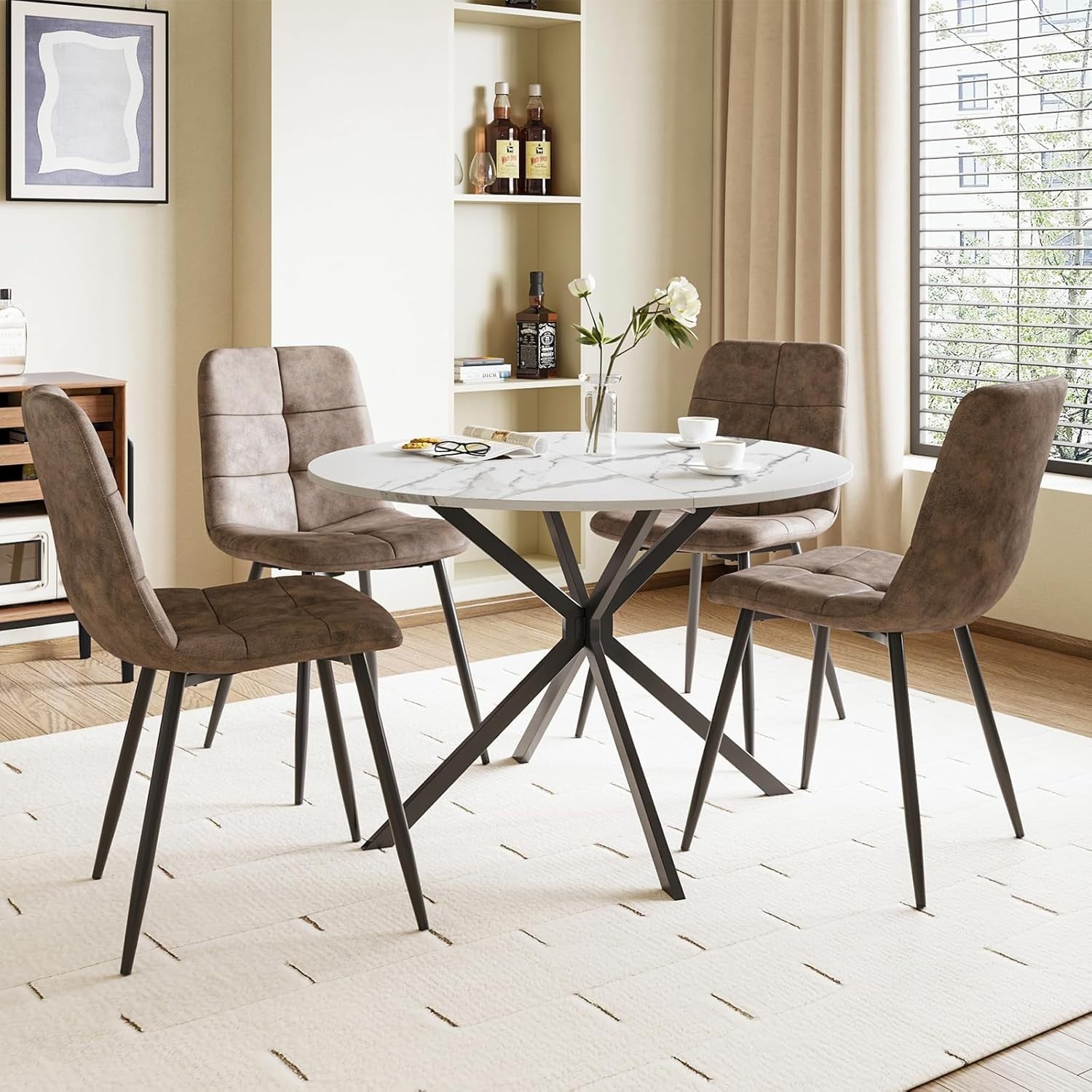 Folding Round Drop Leaf Dining Table Marble Effect Small Space Kitchen
