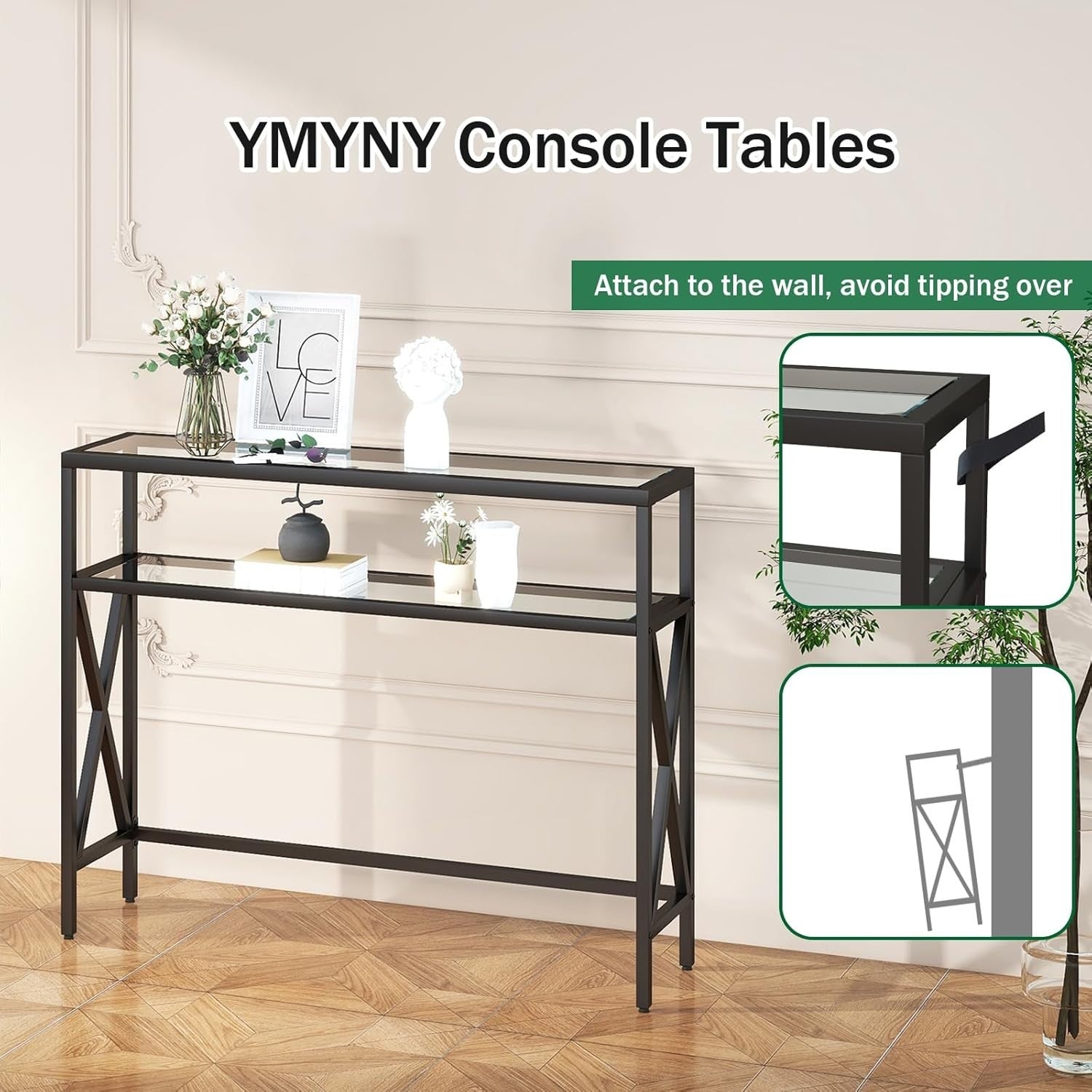 Tempered Glass Console Table Industrial Entryway with Shelves & Adjustable Feet