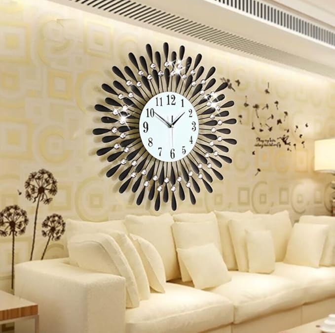 60cm Diamond Sunflower Wall Clock Black Silent Modern Large Metal Decor