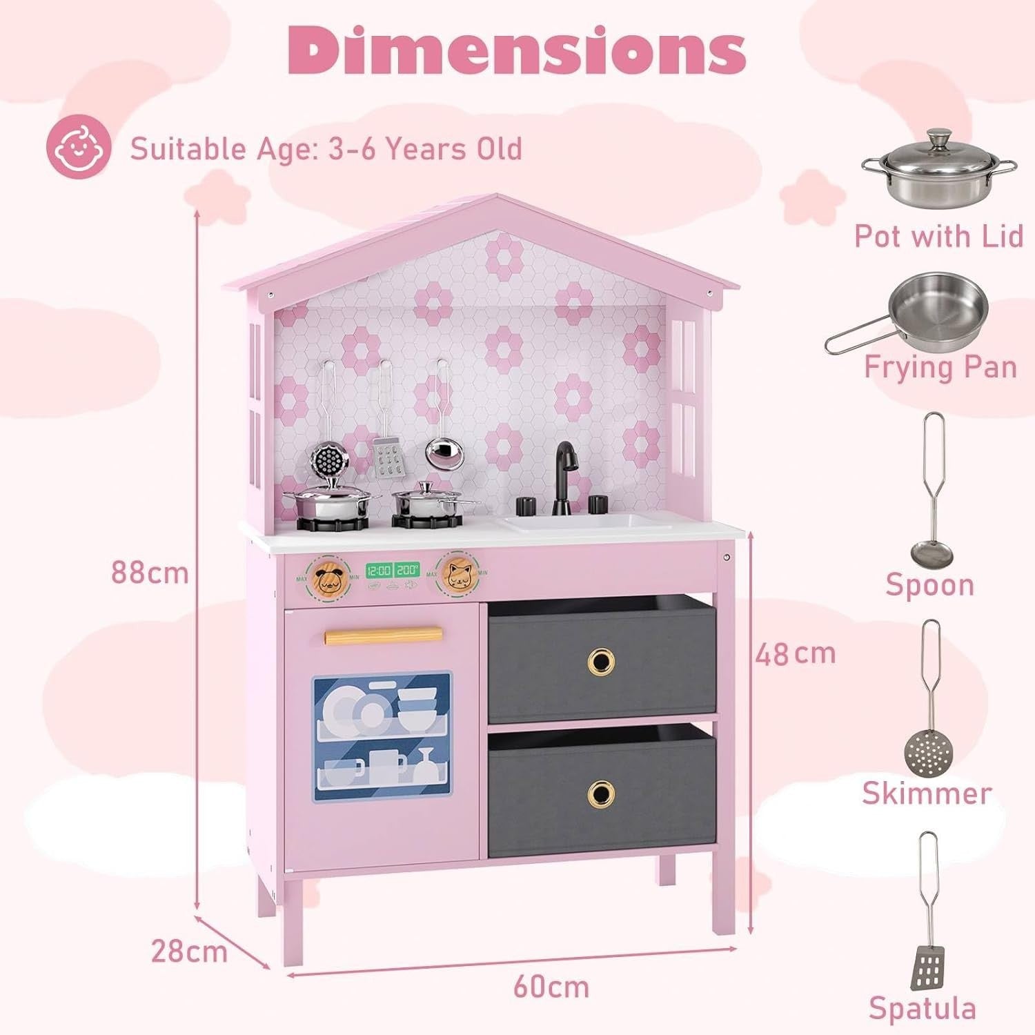 Wooden Kids Play Kitchen Pink w/ Dishwasher Sink Pots Role Play