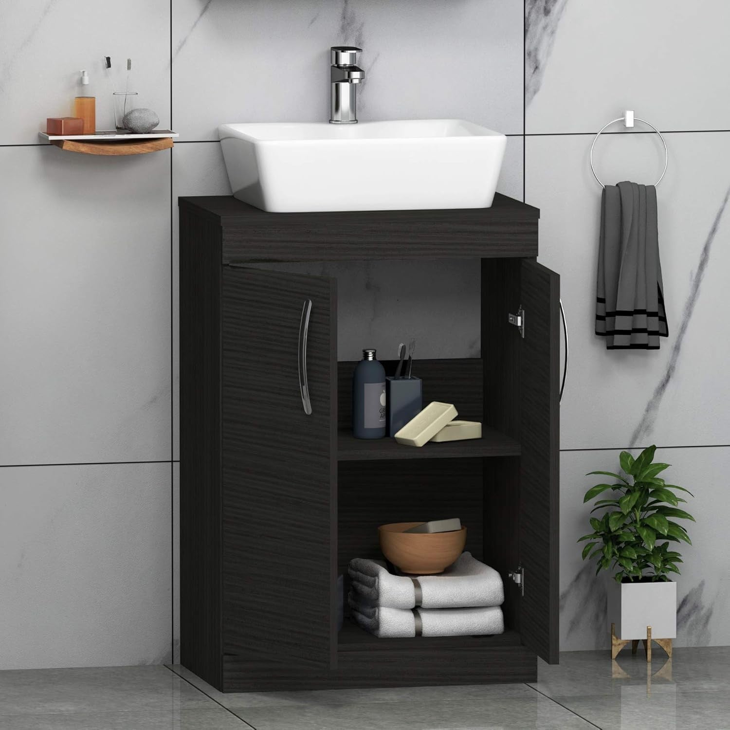 600mm Black Floor Standing Bathroom Vanity Unit with Basin 2 Door Sink Cabinet