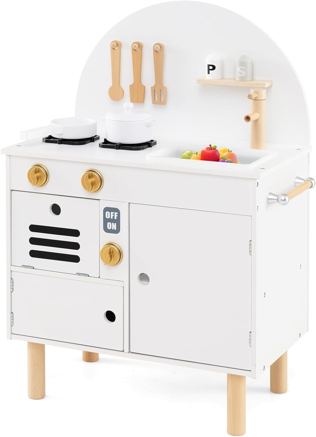 Kids Wooden Play Kitchen White Pretend Cooking Toy Set Accessories