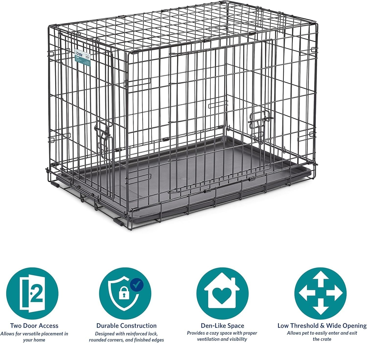Double Door Medium Dog Crate 30" Foldable Metal Cage with Divider & Leak-Proof P