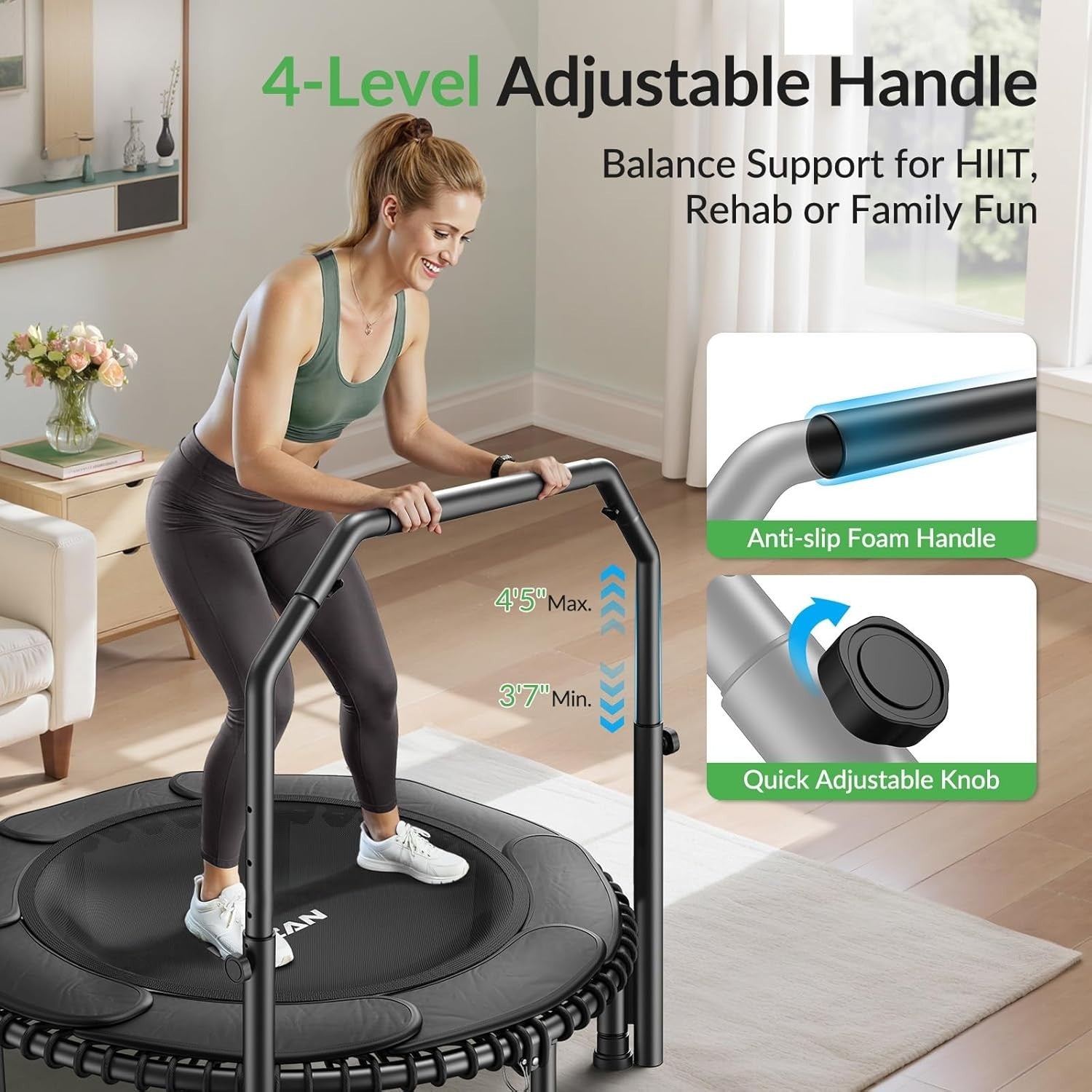48in Fitness Rebounder Trampoline Adjustable Handle 550lb Silent Bungee