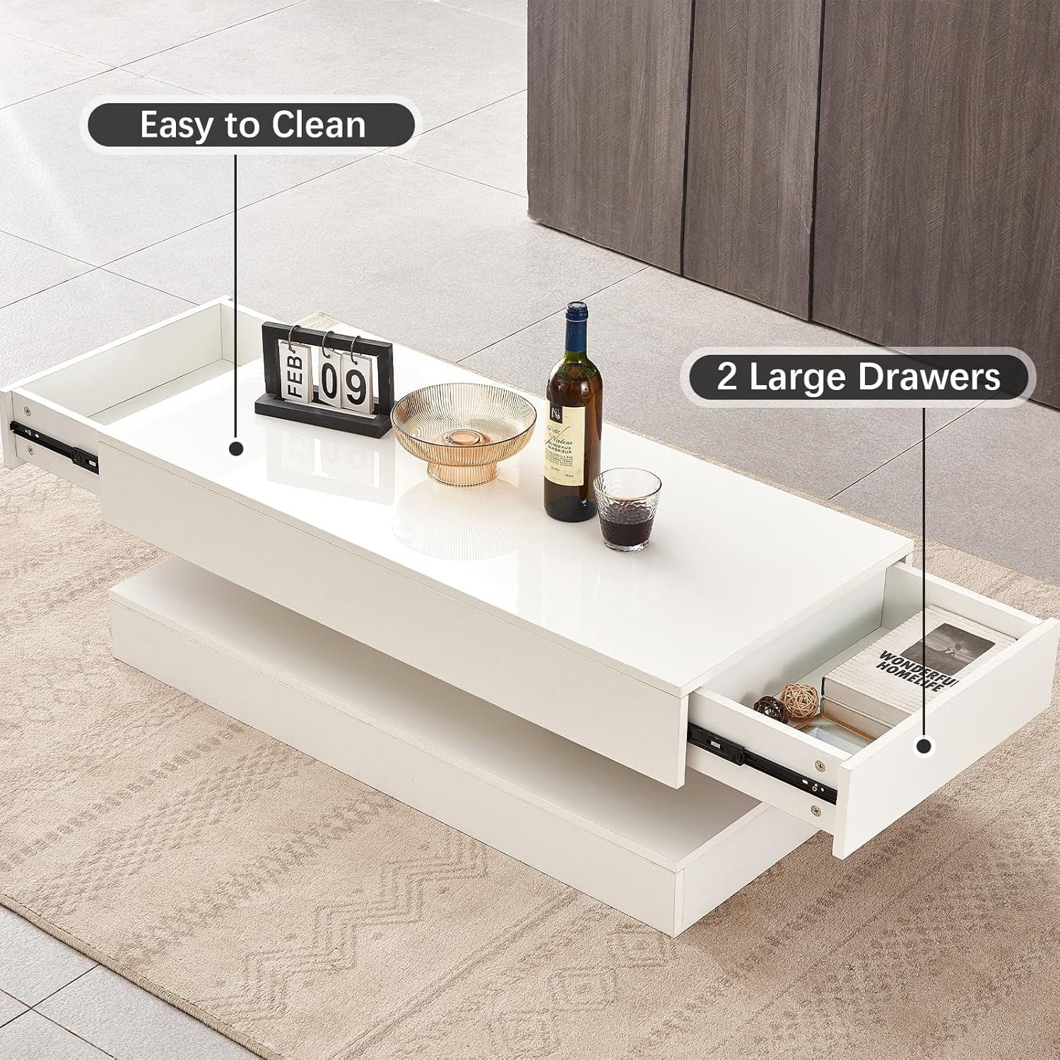 White LED Coffee Table High Gloss 2 Drawer Storage Modern Living Room