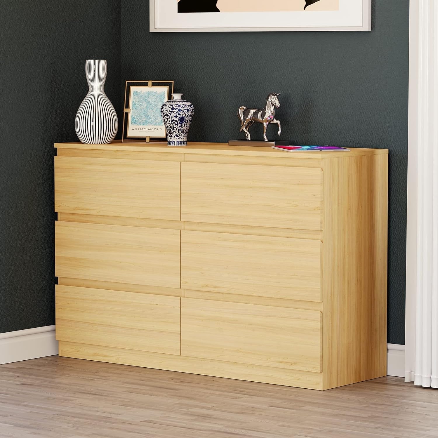 Modern 6 Drawer Chest Pine Wood Storage Unit for Bedroom Living Room