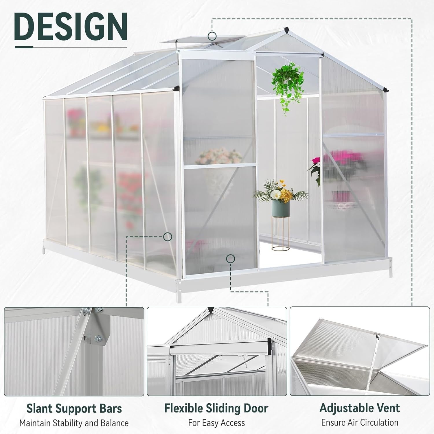 10x6FT Walk-In Polycarbonate Greenhouse with Base – Aluminium Frame