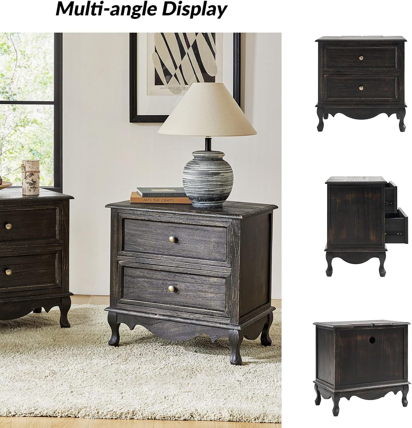 Charcoal Wood 2 Drawer Nightstand – French Country Bedside Table