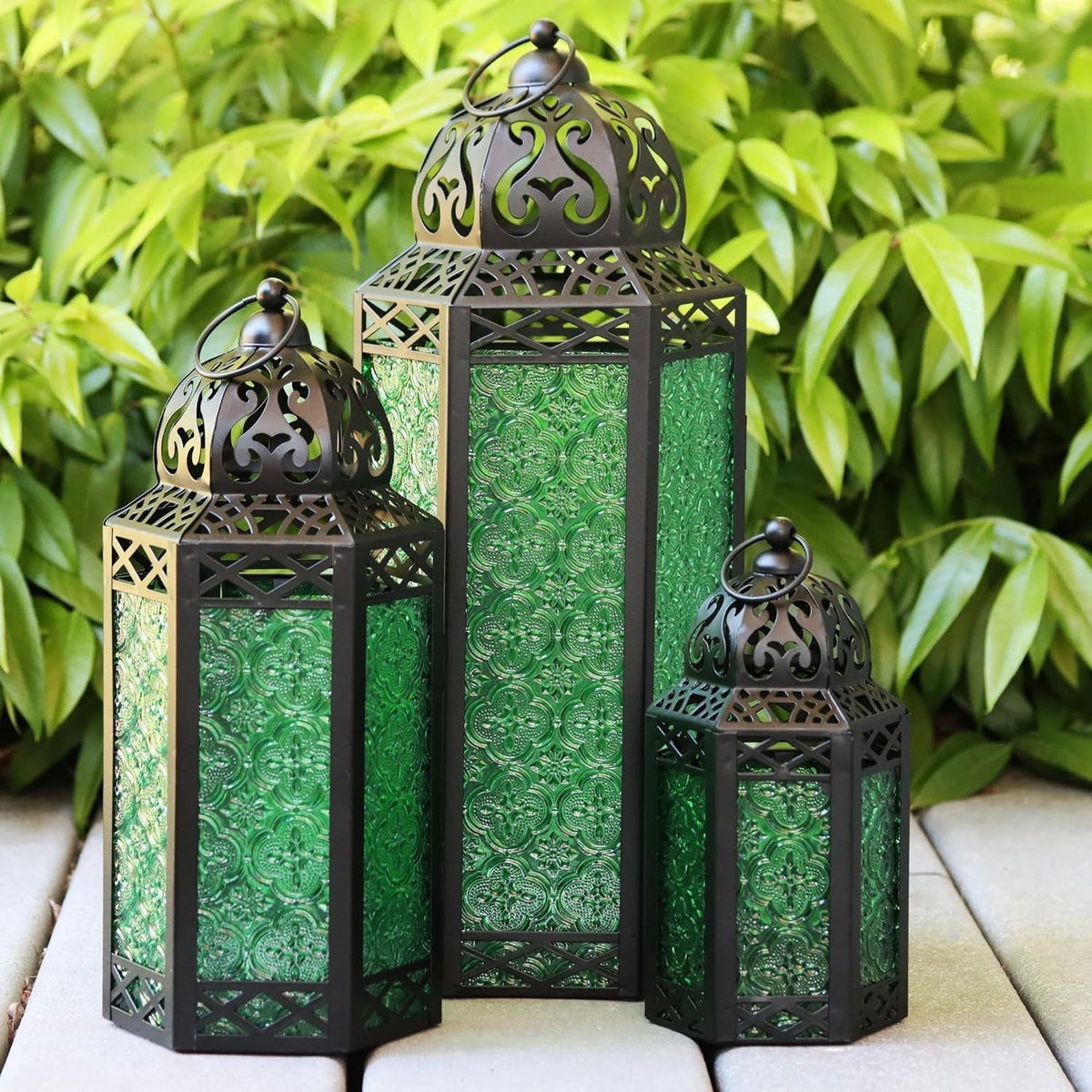 Set of 3 Green Moroccan Candle Lanterns Home Decor