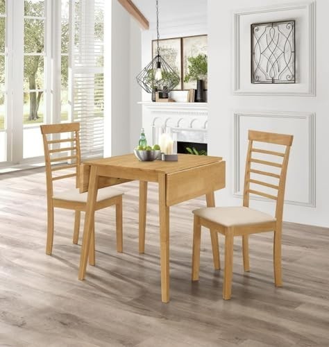 Small Drop Leaf Dining Table & 2 Chairs Oak Foldable Set for Home