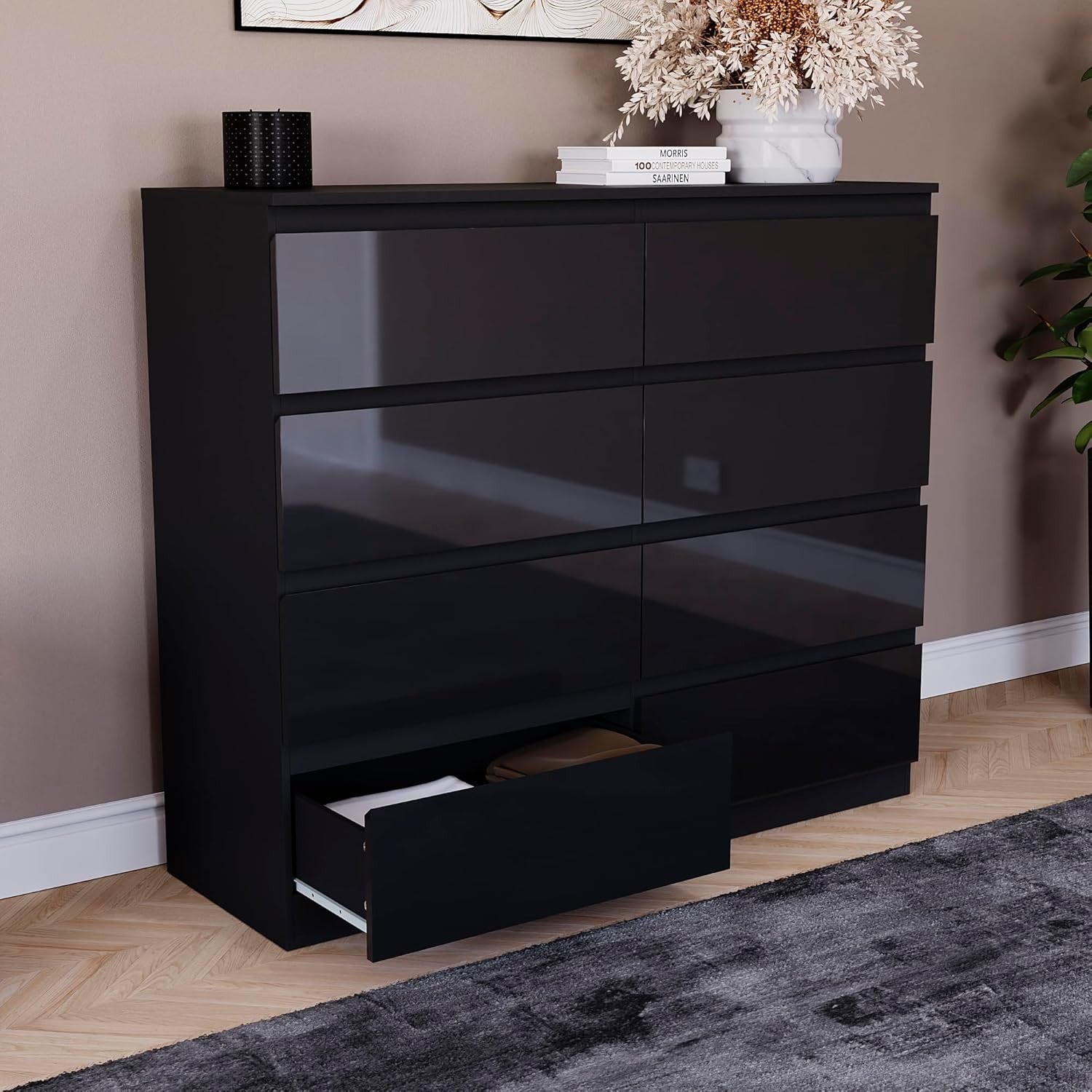 Black High Gloss 8 Drawer Chest Modern Storage Cabinet Bedroom Organizer